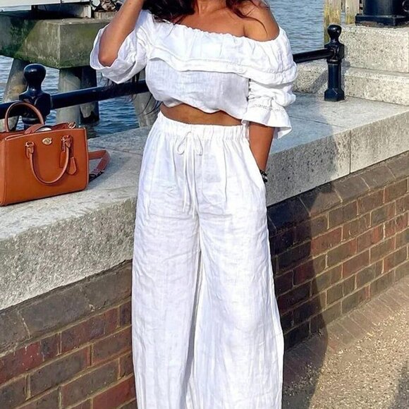 Tops - White Casual Women's Off-The-Shoulder Crop Top & Pants set